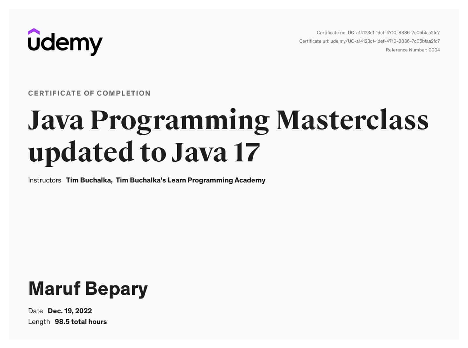 Java Programming Masterclass certificate image