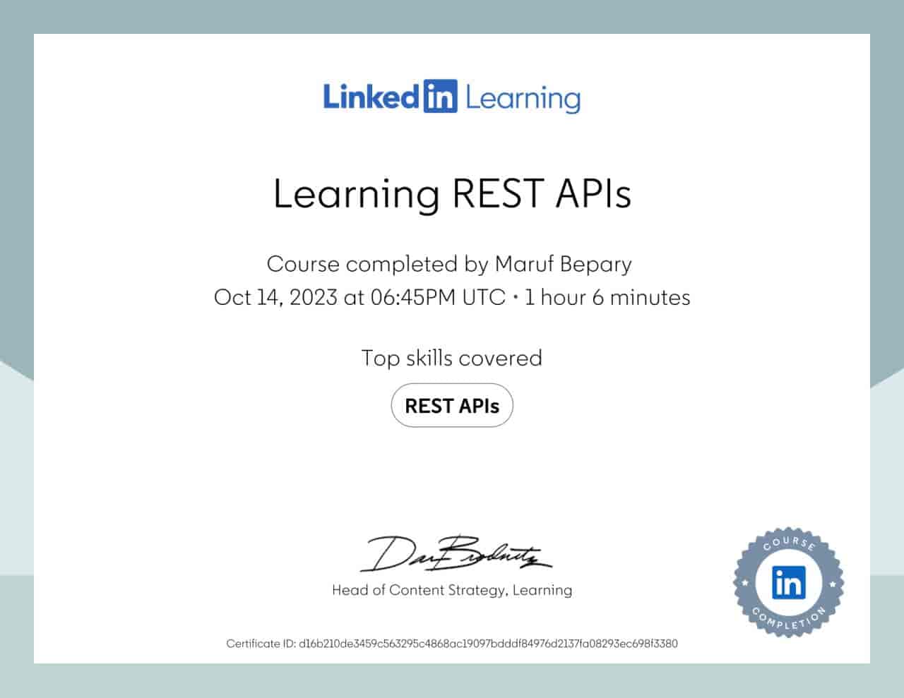 Learning REST APIs certificate image