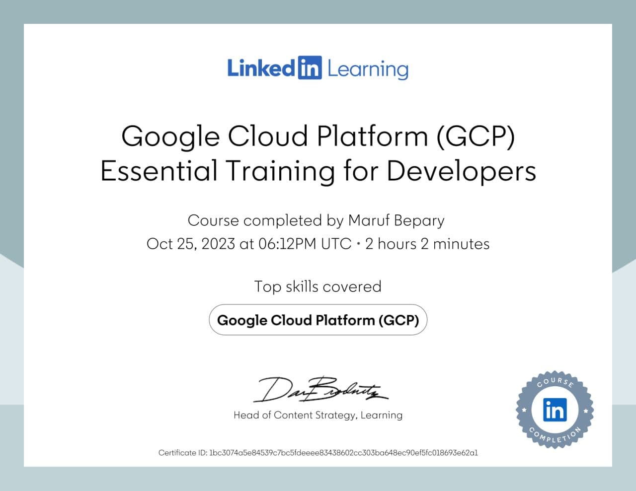 Google Cloud Platform (GCP) Essential Training for Developers certificate image