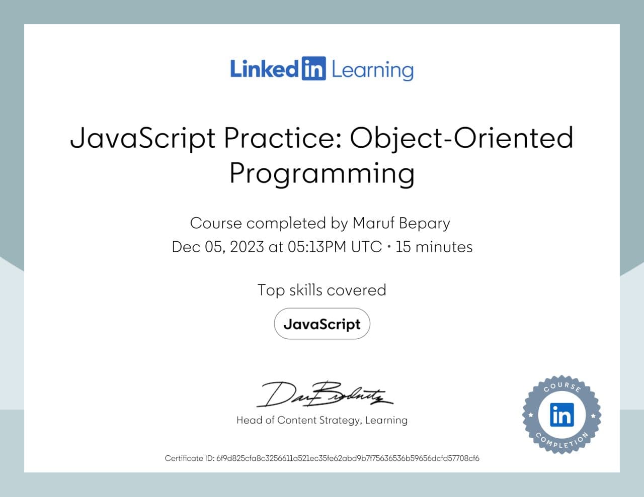 JavaScript Practice: Object-Oriented Programming certificate image