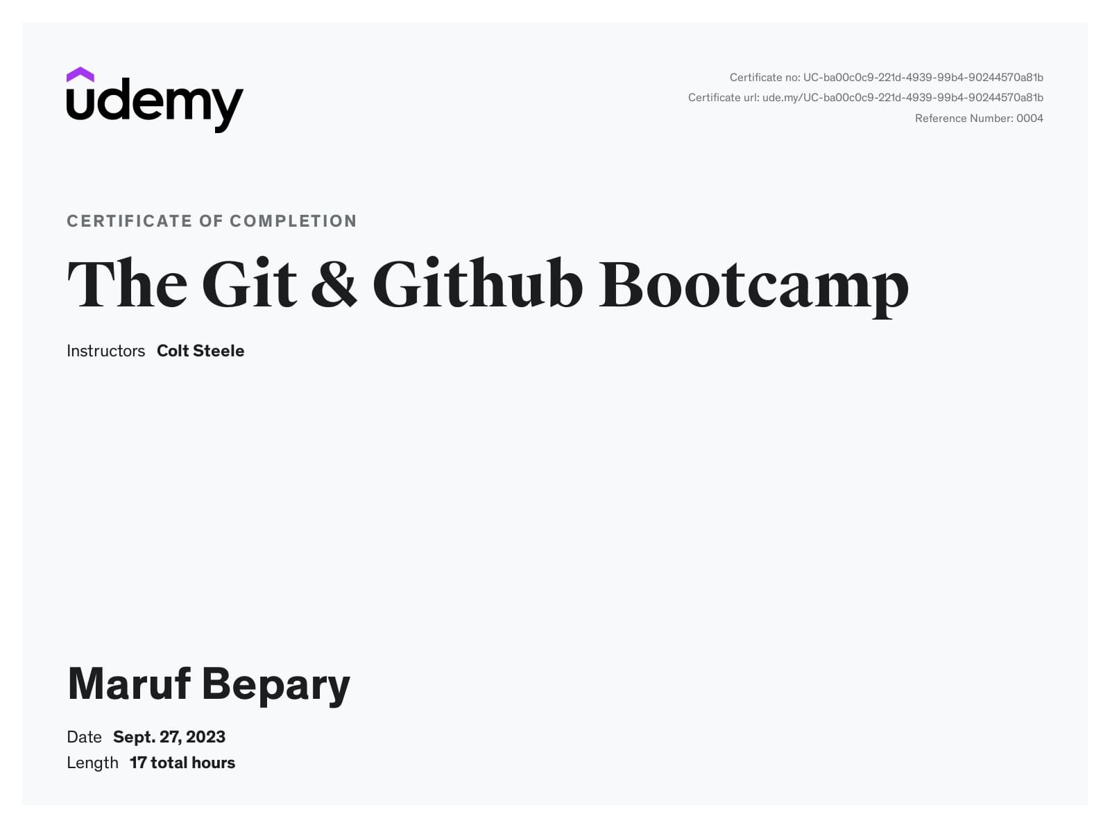 The Git & Github Bootcamp certificate image