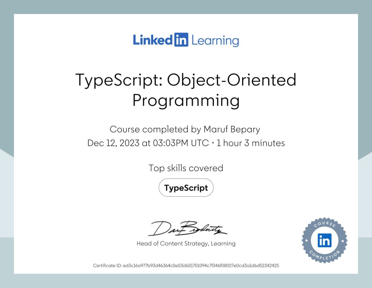 TypeScript: Object-Oriented Programming certificate image