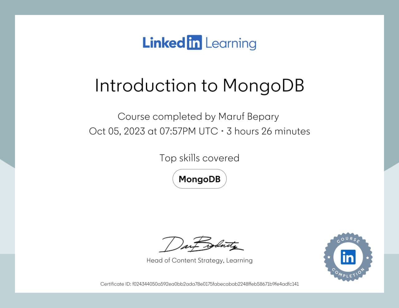 Introduction to MongoDB certificate image